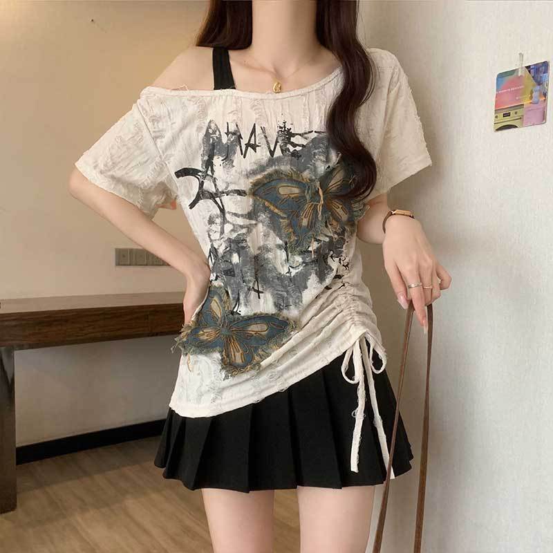 斜肩蝴蝶短袖T