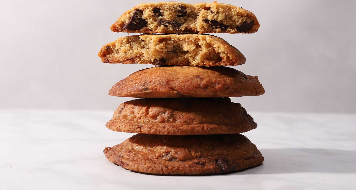 Chocolate chip cookie stacked and cut in half
